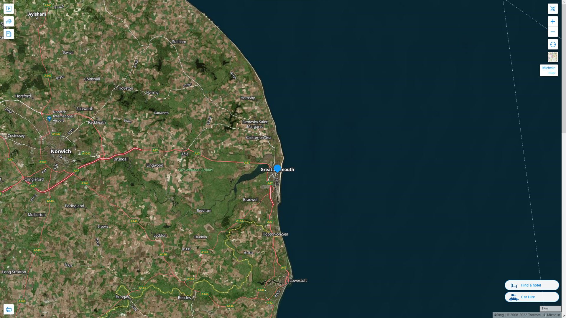 Great Yarmouth Royaume Uni Autoroute et carte routiere avec vue satellite